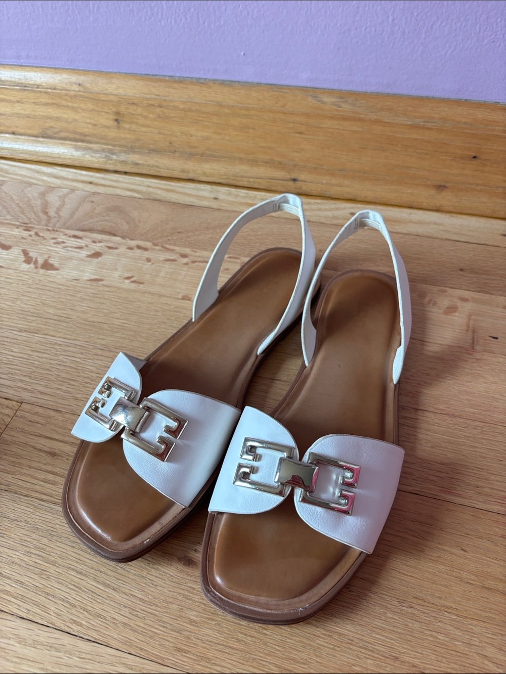 Aldo White Leather Slingback Sandals with Silver Accent